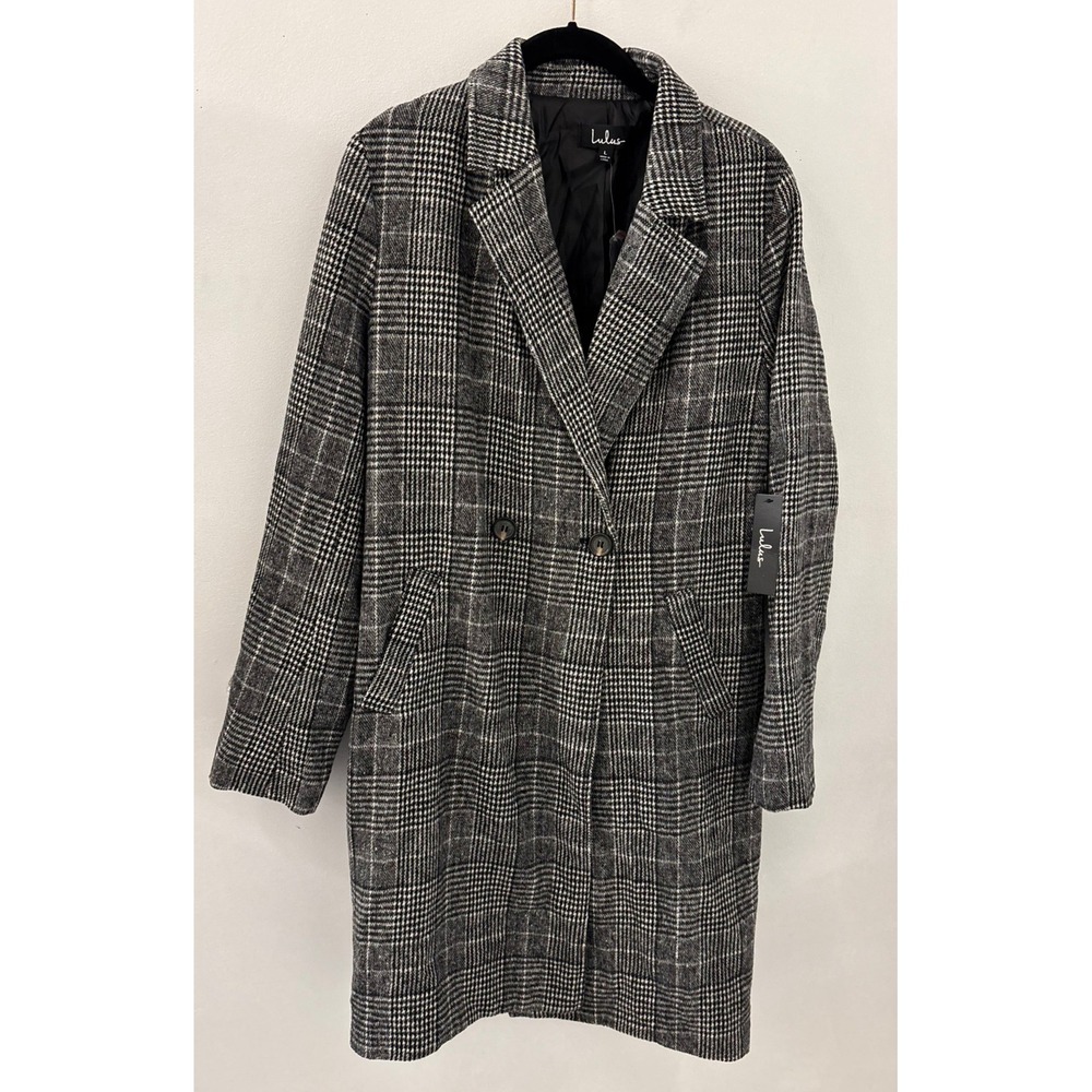 NWT Lulus Black Plaid Double Breasted Longline Coat Jacket Women's Large Preppy